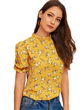 Romwe Women's Floral Print Ruffle Puff Short Sleeve Casual Blouse Tops Yellow #2 Large