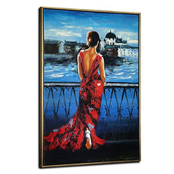Anolyfi Oil Painting 100% Hand Painted Vintage Romantic Lady in Red Canvas Wall Art Navy Blue Picture, Venice Cityscape Artwork Large Size Framed 24"x36" for Living Room Bedroom Home Office Wall Decor