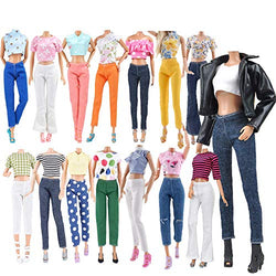 E-TING Lot 15 Items = 5 Sets Doll Clothes with 10 Pair Shoes Accessories for 11.5 Inch Girl Doll Outfits Random Style（Leather Jacket + Casual Wear Clothes）