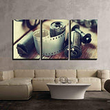 wall26 - 3 Piece Canvas Wall Art - Old Photo Film Rolls, Cassette and Retro Camera. Vintage Stylized. - Modern Home Decor Stretched and Framed Ready to Hang - 16"x24"x3 Panels