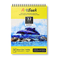 ArtBeek Watercolor Pad 9x12 Inch, 32 Sheets (140lb/300gsm), 100% Cotton Watercolor Paper,Cold Pressed,Acid-Free, Art Sketchbook Pad for Painting & Drawing, Wet, Mixed Media