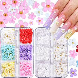 3D Flower Nail Charms, 2 Boxes 3D Acrylic Flower Nail Art Rhinestones White Pink Mixed Cherry Blossom Spring Acrylic Nail Supplies with Pearls Manicure DIY Nail Decorations