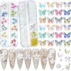 3D Acrylic Butterfly Charms and Flower Resin Nail Art Decorations Set, Pearl Rhinestone Golden Metal Nail Charms for DIY Nail Art