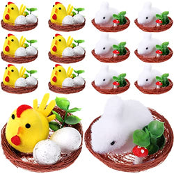 12 Pack Fluffy Decoration Mini Chicks Nest Eggs Easter Fluffy Rabbit Decoration Cute Yellow Chicks Tiny Bunny Toy Miniature Stuffed Rabbit Plush with Nest and Plant for Party Art Crafts