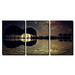 wall26 - 3 Piece Canvas Wall Art - Trees Arranged in a Shape of a Guitar on a Starry Sky Background in a Full Moon Night - Modern Home Art Stretched and Framed Ready to Hang - 24"x36"x3 Panels