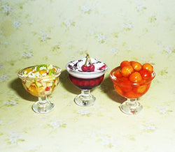 Desserts, ice cream, jelly, candy, cream, sweet table,peaches, fruit salad. (3 pieces) Dollhouse miniature 1:12