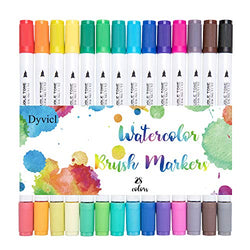 Dual Tip Watercolor Brush Markers - Water Based Artist Pens for Adult Coloring Books, Bullet Journal, Drawing, Highlighting, Sketching, Doodling, Lettering, 28 Assorted Colors