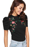 Romwe Women's Elegant Pearl Embellished Puff Short Sleeve Embroidered Blouse Tops (Large, Black-Embroidered)