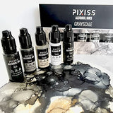 Pixiss Grayscale White to Black Alcohol Inks Set, 5 Highly Saturated Grayscale Alcohol Inks, for Resin Petri Dishes, Alcohol Ink Paper, Tumblers, Coasters, Resin Dye
