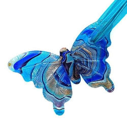 Silver Aqua Butterfly Lampwork Glass Murano Pendant Ribbon Wax Cord Necklace