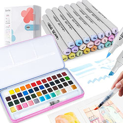 Arrtx Alcohol Markers 24 Fresh Colors Brush Marker and Chisel Marker with MeiLiang Watercolor Paint Set, 48 Vivid Colors Includes12 Metallic Glitter Solid Colors