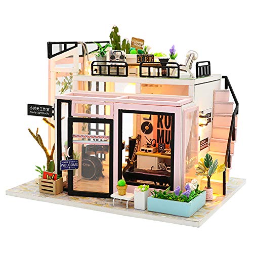 Dollhouse Miniature with Furniture, DIY Wooden Doll House Kit Plus LED Dust Cover and Music Movement, 1:24 Scale Creative Room Idea Best Gift for Children Friend Lover（Hour Light Studio）