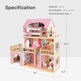 LA FEIER 3-Story Wooden Dollhouse for Kid Large Doll House with 4 Rooms Included Kitchen, Living Room, Bedroom, Balcony, Parking spot, and 7 Pieces Solid Wood Furniture, Gift for Girl Age 3+