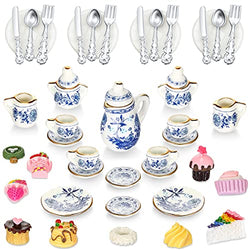 41 Pieces 1:12 Scale Miniatures Dollhouse Kitchen Accessories 15 Porcelain Tea Cup 16 Mini Doll Plate Knife Fork Spoon 10 Miniature Decor Dessert Pastry Cake Table Decor for Cook Party (Retro Style)
