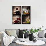 Wieco Art Red Wine Cups HD Modern 4 Pieces Stretched and Framed Abstract Giclee Canvas Prints Artwork Contemporary Vintage Pictures Paintings on Canvas Wall Art for Kitchen Home Decorations
