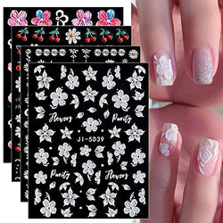 JMEOWIO 3D Embossed Spring Flower Nail Art Stickers Decals Self-Adhesive Pegatinas Uñas 5D Colorful Summer Floral Nail Supplies Nail Art Design Decoration Accessories 4 Sheets