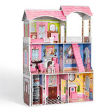 ROBUD Wooden Dollhouse with Elevator Furniture 3.8ft Tall 5 Rooms 3-Storey Play Toy Dollhouse for Girls