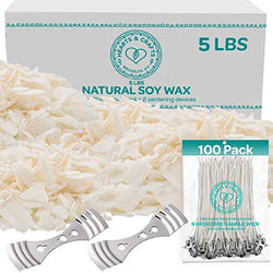 Hearts and Crafts Soy Wax and DIY Candle Making Supplies | 5lb Bag with 100 6-Inch Pre-Waxed Wicks, 2 Centering Devices