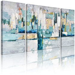 Sdmikeflax Teal Blue Wall Decor 3 Piece Gold Foil Wall Art 48" X 24" Large Abstract Painting Artwork for Home, Hand Painted Framed Turquoise Canvas Pictures, Modern Decorations for Living Room Bedroom