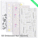 4pcs Flower Nail Stickers Decals 5D Engraved Flower Feather Sliders White Nail Lace Rose Nail Art Supplies Designs for Nail Art Decoration (Retro Flower)