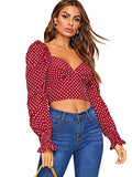 Romwe Women's Elegant Sweetheart Neck Lantern Long Sleeve Shirred Slim Crop Top Blouse Red X-Small