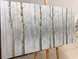 AMEI Art Paintings,24x48Inch Pure Hand Painted Foggy Forest Oil Paintings Abstract Aspen Tree Wall Art Morning Landscape Artwork Home Wall Decor Oil Hand Painting Stretched and Framed Ready to Hang
