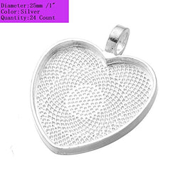 AKOAK 24 Pieces 25mm 1 Inch Diameter Shimmering Silver Heart Shape Pendant Trays Pendant Blanks