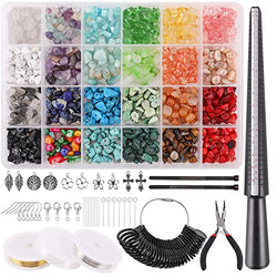 1400 pcs Crystal Natural Stone Beads for Jewelry Making, Gemstone Irregular Chips Beads Kit for Bracelets Necklace Making with Pendants Elastic String Ring Ruler Tongs Ring Size Sticks Ring Mandrel