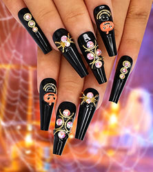 Morily 24Pcs Halloween Long Coffin Press on NaIls Black Fake Nail Acrylic Glossy Stick on Nail with 3D Spider Rhinestones Pumpkin Design Artificial False Nail Art for Women (Black Gold Spider Pumpkin)