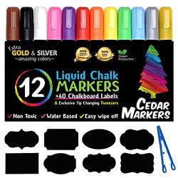 Cedar Markers Liquid Chalk Markers - 12 Pack with Free 40 Chalkboard Labels - Neon Color Pens