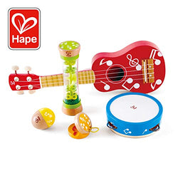Hape Mini Band Instrument Set | Five Piece Wooden Instrument Music Set for Kids Includes Ukulele, Tambourine, Clapper, Rattle and Rainmaker