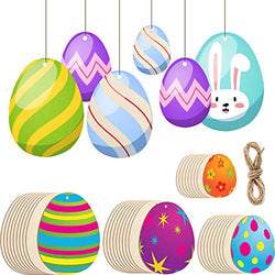 Jetec Wooden Easter Egg Cutouts Unfinished Wooden Egg Slices Egg Shaped Wood DIY Craft Blank Wooden Hanging Ornaments with Linen Rope for Easter Party Supplies Home Hanging Decoration (40 Pieces)