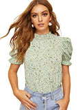 Romwe Women's Floral Print Short Ruffle Sleeve Mock Neck Summer Blouse Tops Green Small