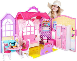 SUPER JOY Doll House Folding Dollhouse with 70+ Furniture Accessories, Portable Doll's House Playset with Carrying Handle Pretend Toy House Dream Gift for Girls