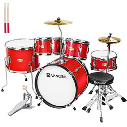 Kids Drum Set, 5 Piece Junior Drum Set for Beginner, 16 Inch Drum Set for Student Children Teens Starter Kits with Adjustable Throne Cymbal Pedal Drumsticks Bright Red, by Vangoa