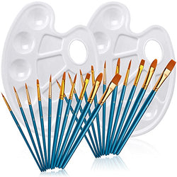 20 Pcs Paint Brush Set with 2 Pcs Paint Tray Palette, FineGood Round Pointed Tip Nylon Hair