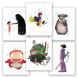 Set of 6 Posters - All the way from the valley of winds - My Neighbor Totoro - Kikis Delivery Service Poster - Spirited Away - Howl's Moving Castle - Ponyo- Animated Films by Hayao Miyazaki (8x10)
