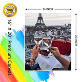 DIY Acrylic Paint Set, Painting by Numbers Kit Framed on Large 16"x20" Canvas with 3 Brushes, Mounting Hardware and Magnifying Glass - Wine Glass Cheers; Date for Love in Paris, Eiffel Tower