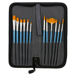 US Art Supply 12-Piece Short Handle Nylon Hair Artist Paint Brush Set Blue Handle with Carry Case