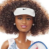 Barbie Role Models Naomi Osaka Doll (11.5-in, Curly Brunette Hair) Posable, Wearing Tennis Dress, Shoes & Visor, with Racket, Gift for Kids & Collectors