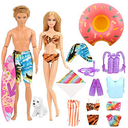 BARWA 12 Pcs Doll Clothes Accessories for Ken and 11.5 inch Girl Doll Underwater Adventurer 4 Diving Sets, 3 Swimsuits, 1 Pants for Ken, 1 Skateboard，1 Dog and 1 Lifebuoys Summer Beach Style