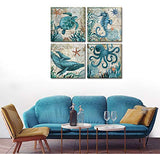 Teal Home Wall Art Decor - Ocean Theme Mediterranean Style Canvas Prints Framed and Stretched Ready to Hang Sea Animal Octopus Turtle Seahorse Whale Pictures Posters Bathroom - 12 x 12" Panel Set of 4