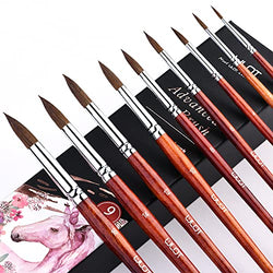 Kolinsky Watercolor Brushes Set 9 Pcs Superior Sable Hair Round Pointed Professional Art Paintbrush Round Tip Paint Brush Kit for Watercolor Acrylic Inks Gouache Tempera Painting(R-Brown)