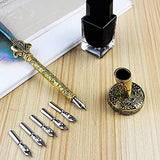 Feather Quill Pen and Ink Set - Calligraphy Dip Pen Set with Inkwell And Stand - Quill Pen Set with 5 Stainless Steel Nibs for Writing Paper, Letter. Calligraphy - Feather Pen Birthday Gift for Adults