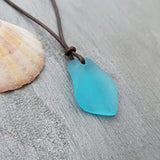 Handmade in Hawaii, leather cord puff Blue sea glass necklace, Unisex Jewelry, (Hawaii Gift Wrapped, Customizable Gift Message)