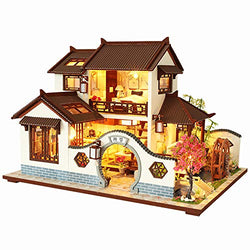 Spilay DIY Dollhouse Miniature with Wooden Furniture Kit,Handmade Mini Chinese Style Home Craft Model Plus with Dust Cover & Music Box,1:24 Scale Creative Doll House Toys for Teens Adult Gift P001