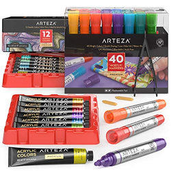Arteza Metallic Acrylic Paint Set of 12 with Acrylic Paint Markers Set of 40, Painting Art Supplies for Artist, Hobby Painters & Beginners