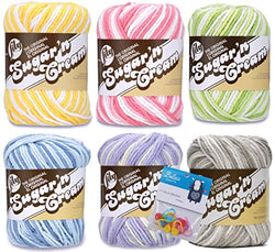 Lily Sugar'n Cream 100% Cotton Yarn 6-Pack Pastel Ombre Bundle with Bella's Crafts Stitch Markers