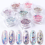 VOLODIA 8 Boxes / Set Holographic Nail Glitter Mermaid Powder Flakes Shiny Charms Hexagon Nail Art Pigment Dust Decoration Manicure