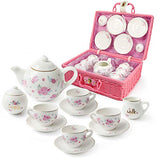 Porcelain Tea Set for Girls - Pink Ceramic Tea Cups with Pink Box - Tea Glass Toy for Kids Tea Party - Ideal Gift for Toddlers and Children's Ages 3 Years Old - Floral Design, 13 Pieces